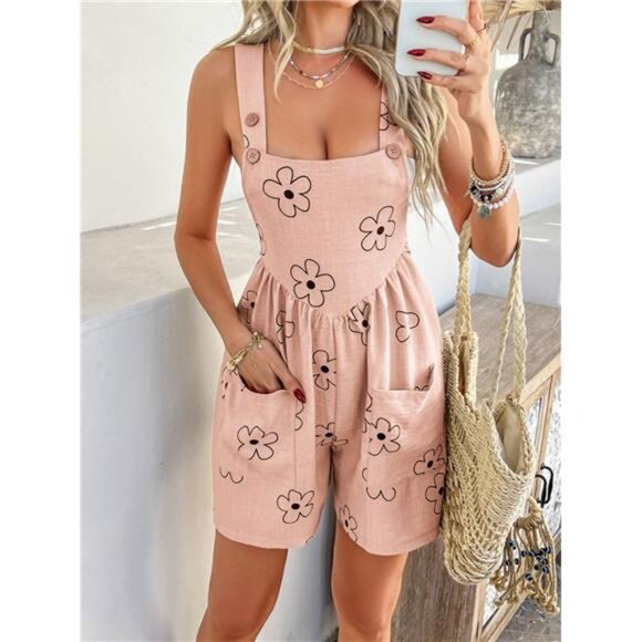 Devine Flower Wide Strap Overalls with Pockets - Picture 15 of 16